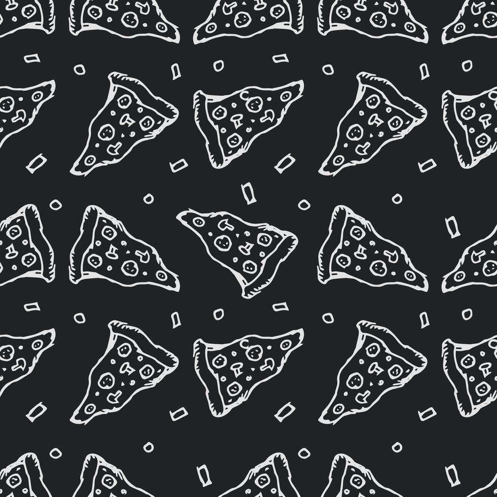 Seamless pizza pattern. Doodle pizza background. Hand drawn illustration with pizza icons. Fast food pattern vector