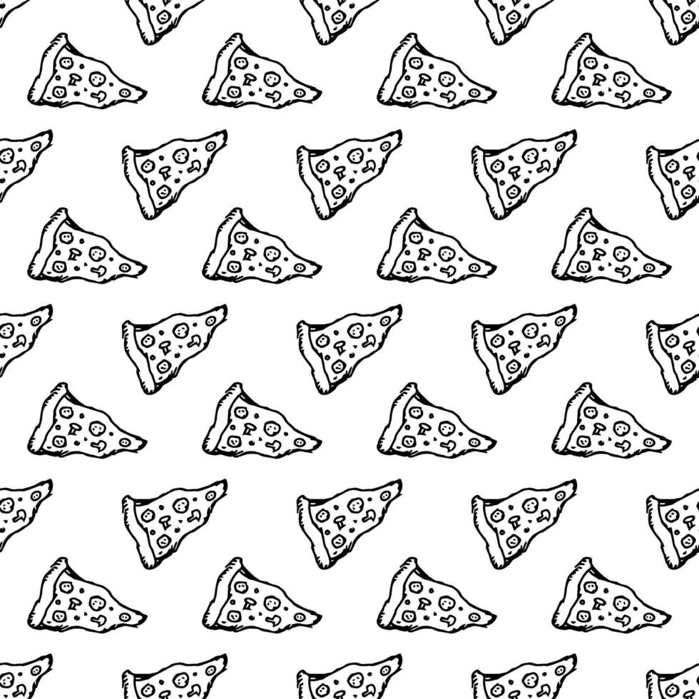 Seamless pizza pattern. Doodle pizza background. Hand drawn illustration with pizza icons. Fast food pattern vector