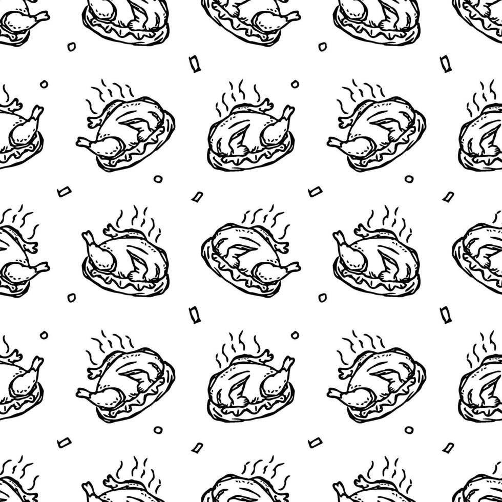 Seamless baked turkey pattern. Drawn baked turkey background. Doodle hand drawn turkey illustration vector
