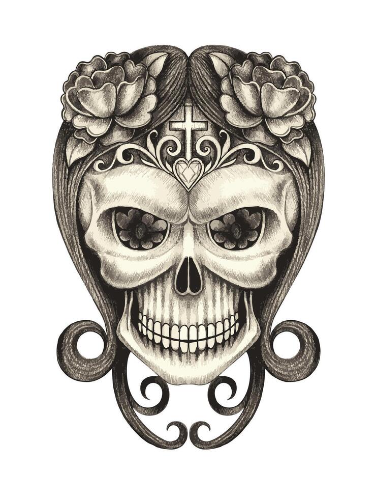 Sugar skull day of the dead design by hand drawing on paper and make graphic . vector