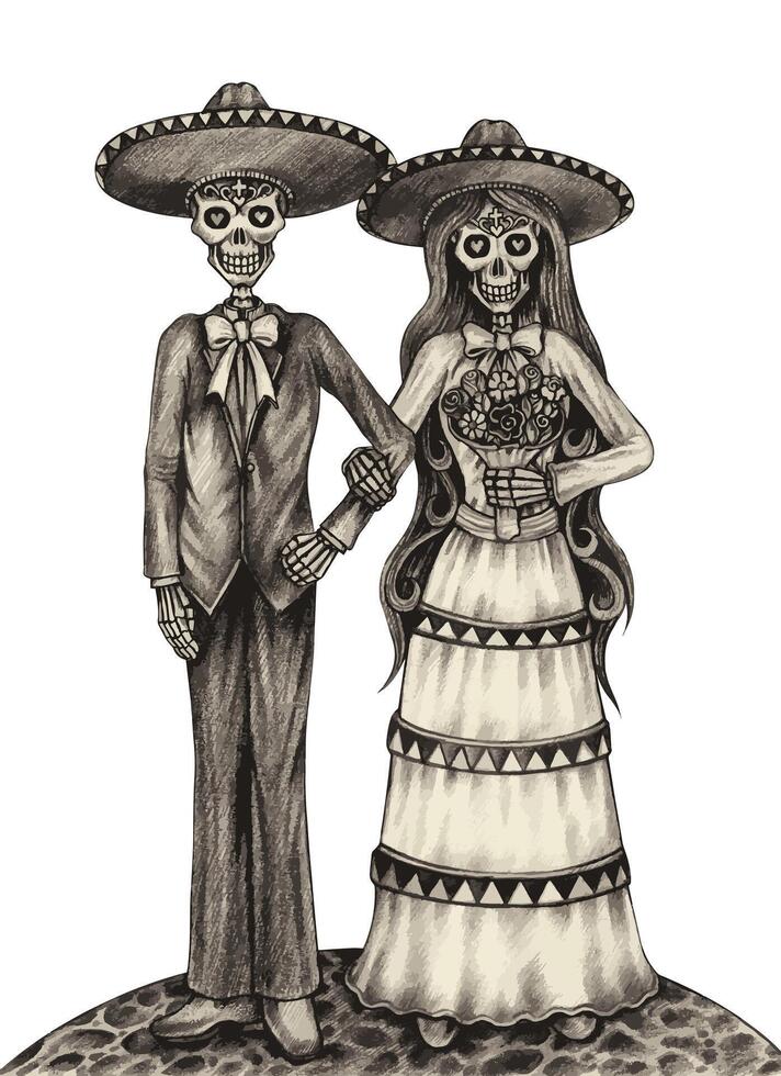Couple love wedding skull day of the dead design by hand drawing on paper and make graphic . vector