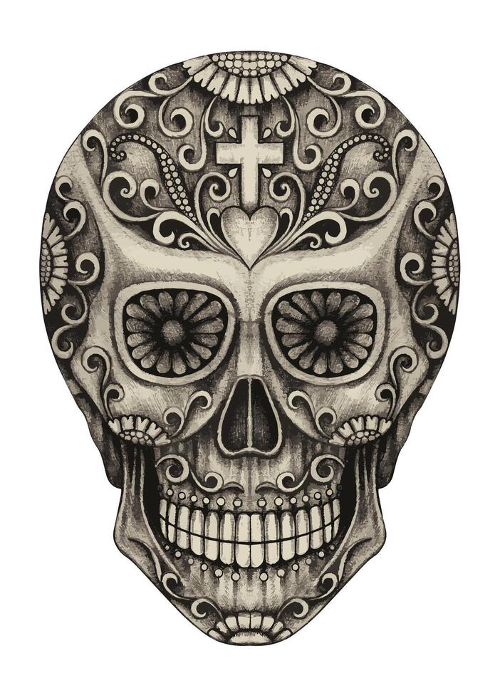 Sugar skull day of the dead design by hand drawing on paper and make graphic . vector