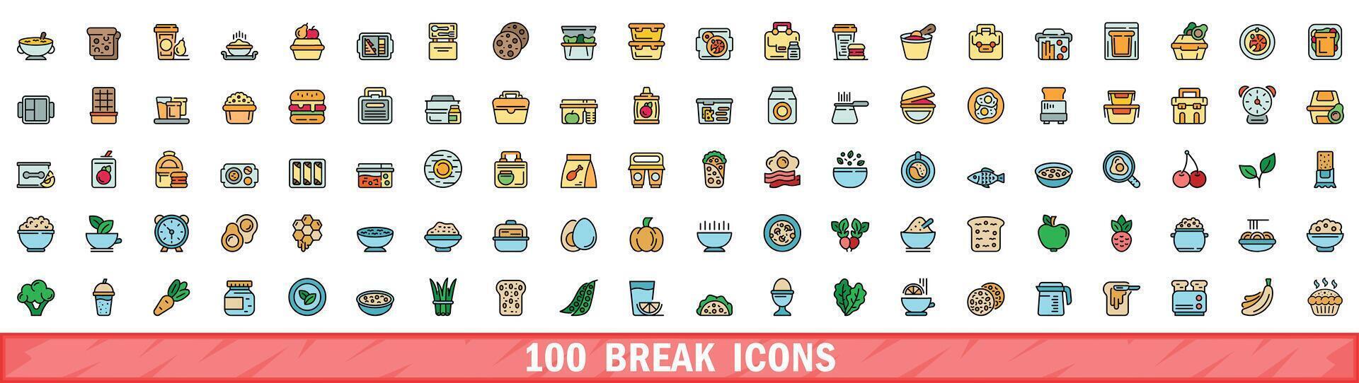 100 break icons set, color line style vector