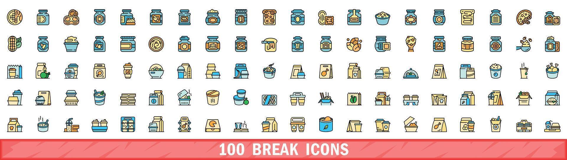 100 break icons set, color line style vector