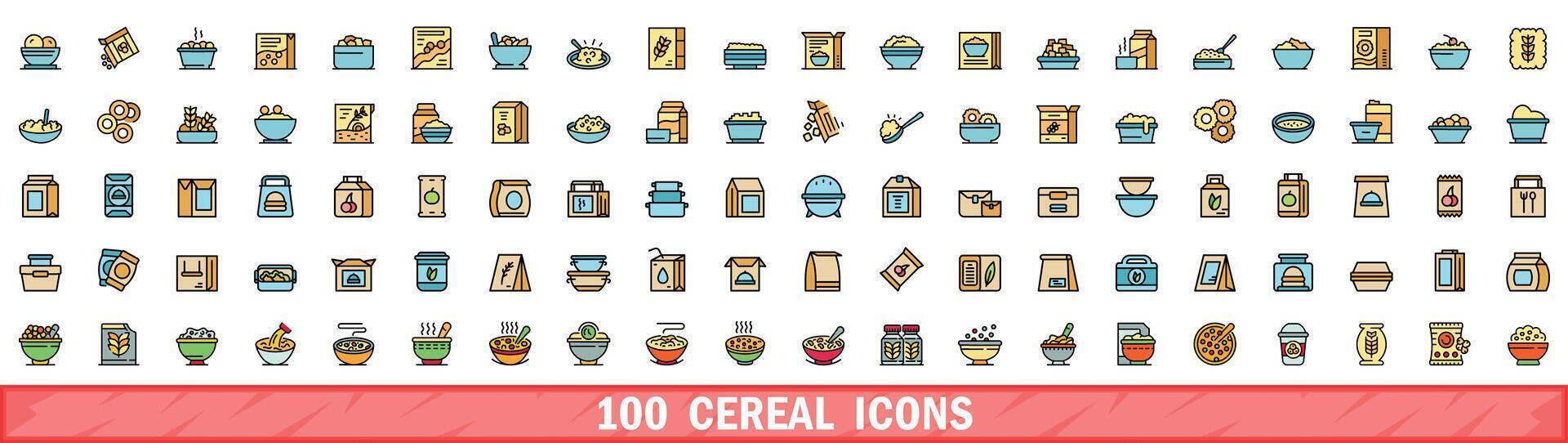 100 cereal icons set, color line style vector