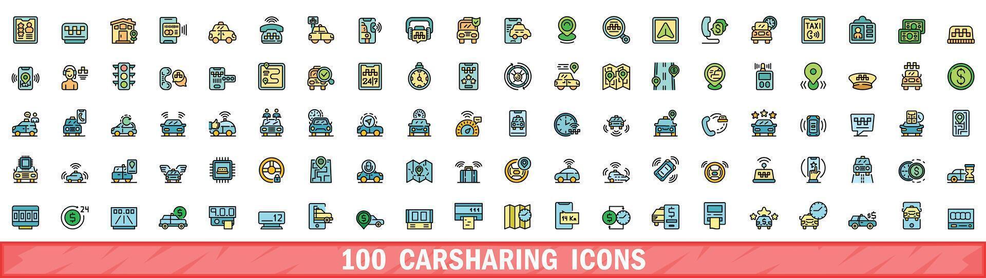 100 carsharing icons set, color line style vector