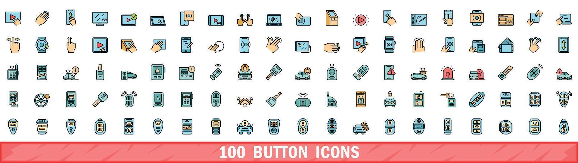100 button icons set, color line style vector