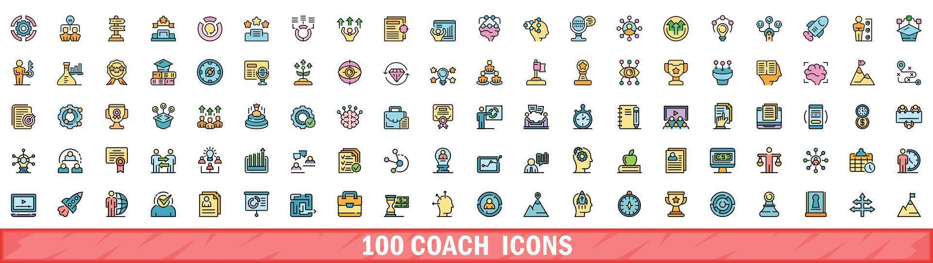 100 coach icons set, color line style vector