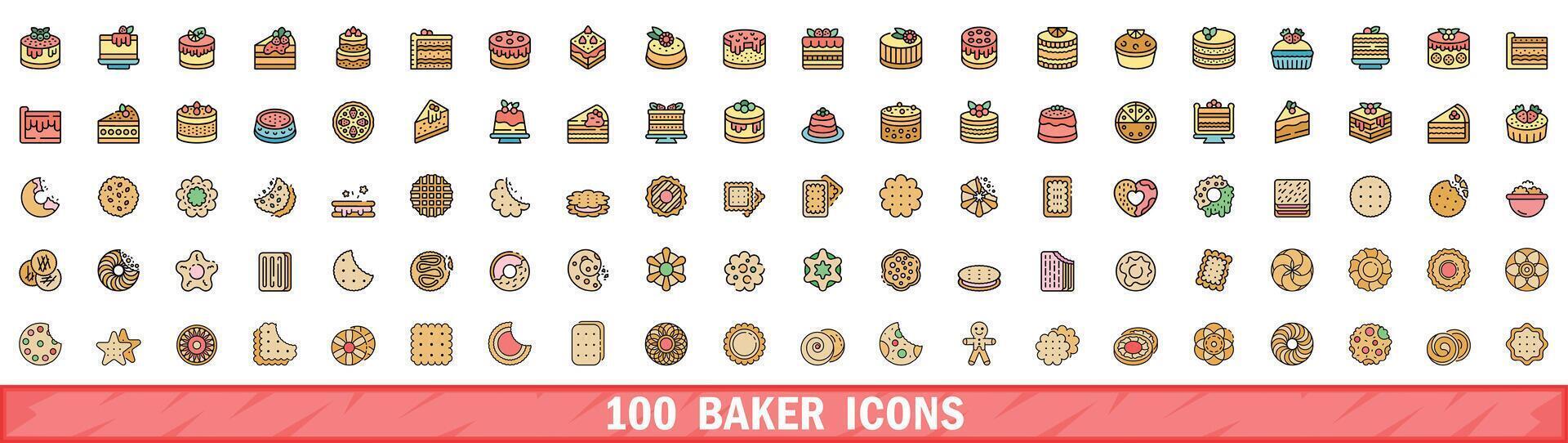 100 baker icons set, color line style vector