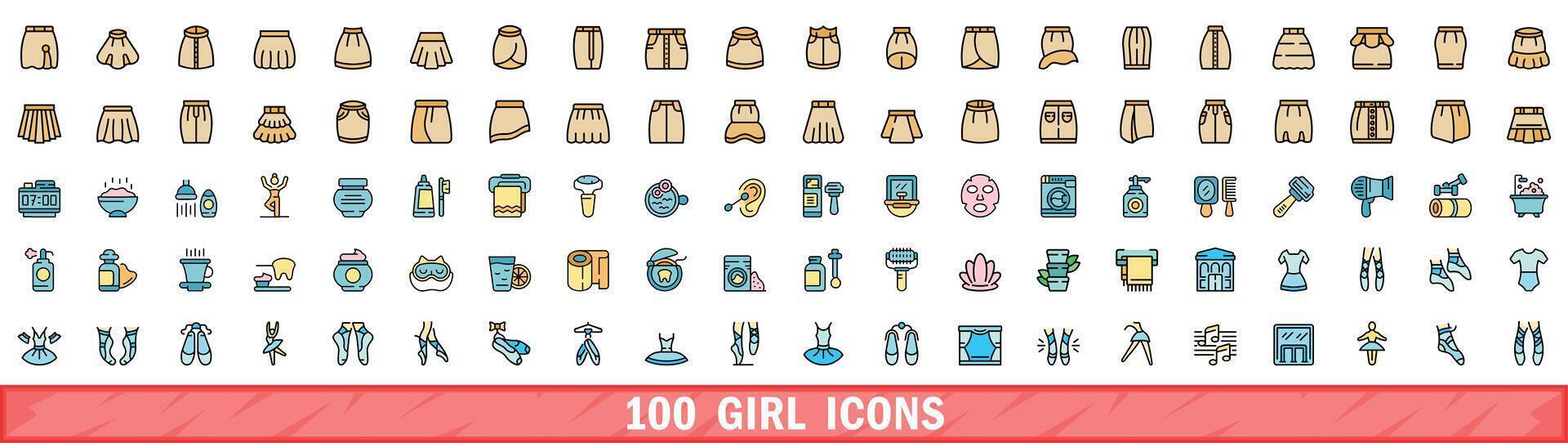 100 girl icons set, color line style vector