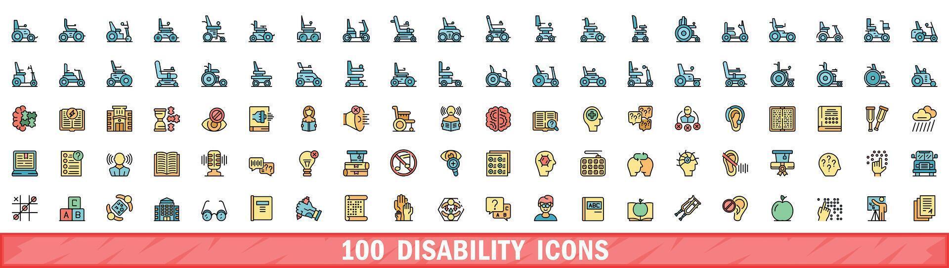 100 disability icons set, color line style vector