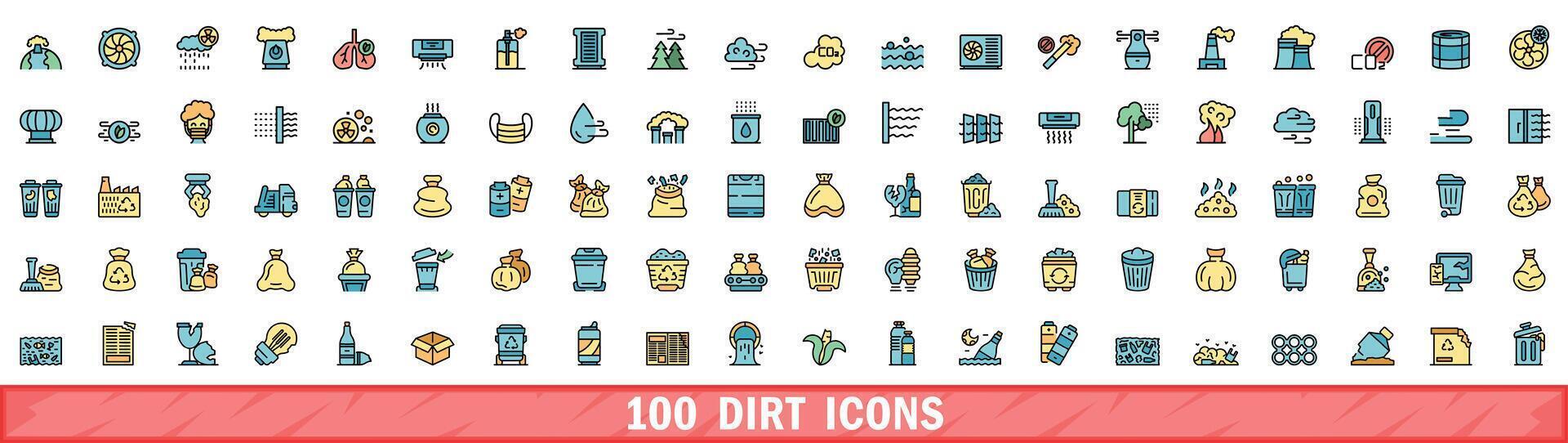 100 dirt icons set, color line style vector
