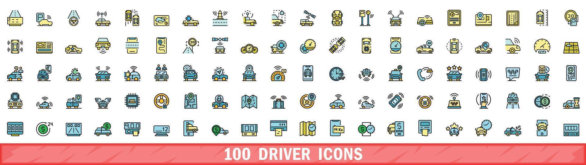 100 driver icons set, color line style vector