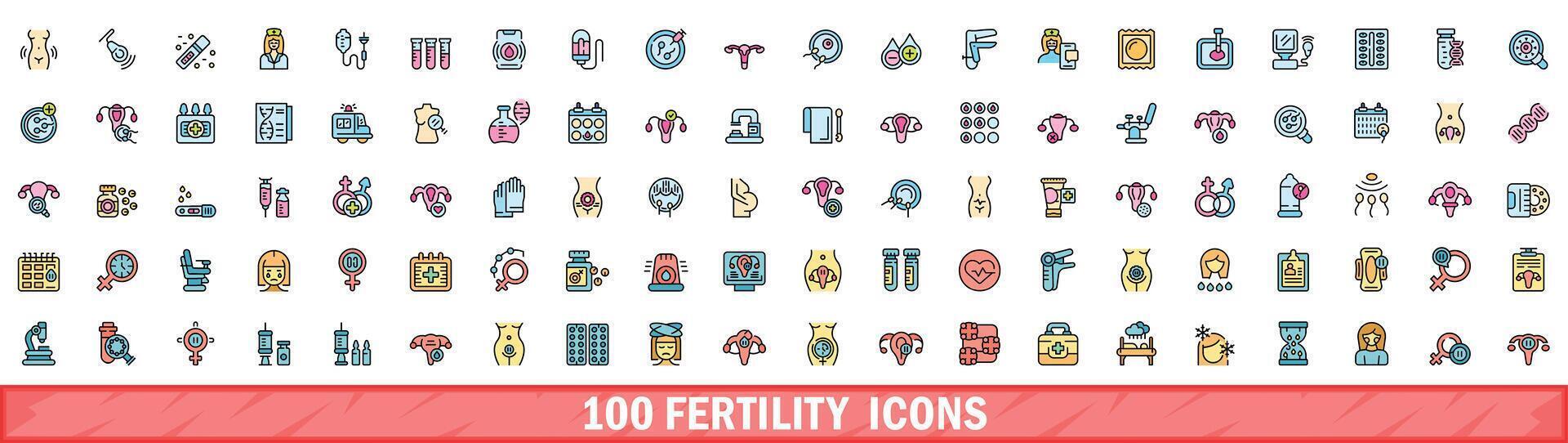 100 fertility icons set, color line style vector