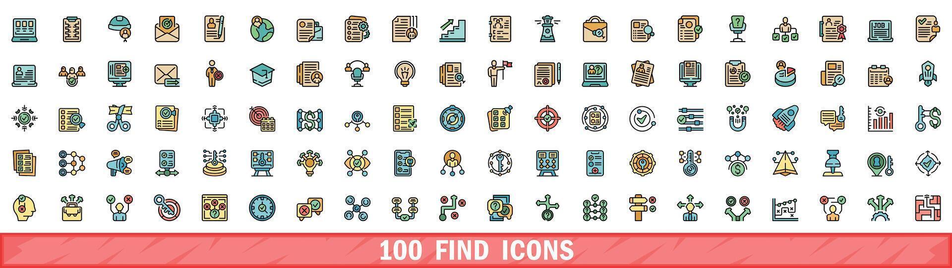 100 find icons set, color line style vector