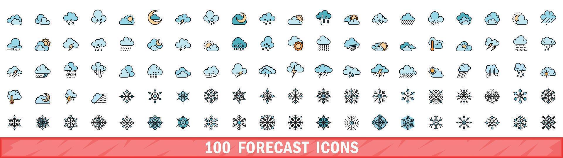 100 forecast icons set, color line style vector