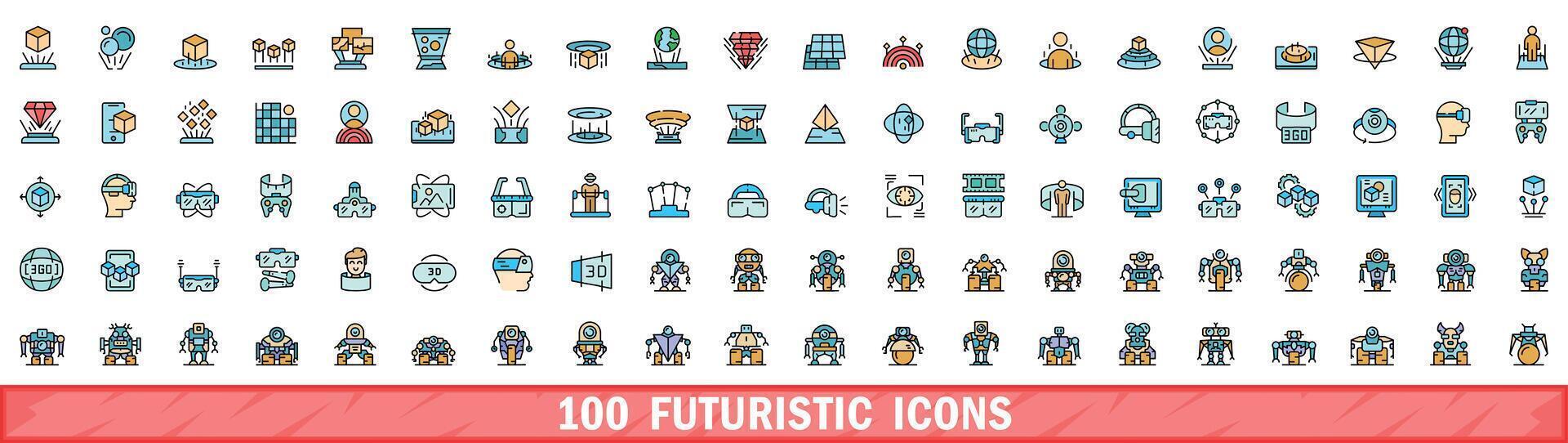 100 futuristic icons set, color line style vector
