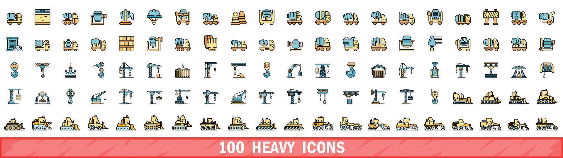 100 heavy icons set, color line style vector