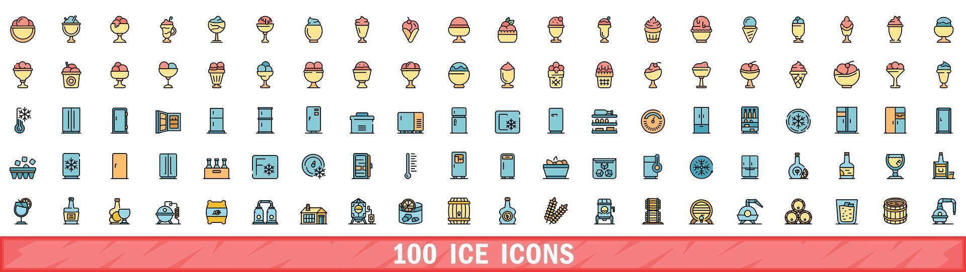 100 ice icons set, color line style vector