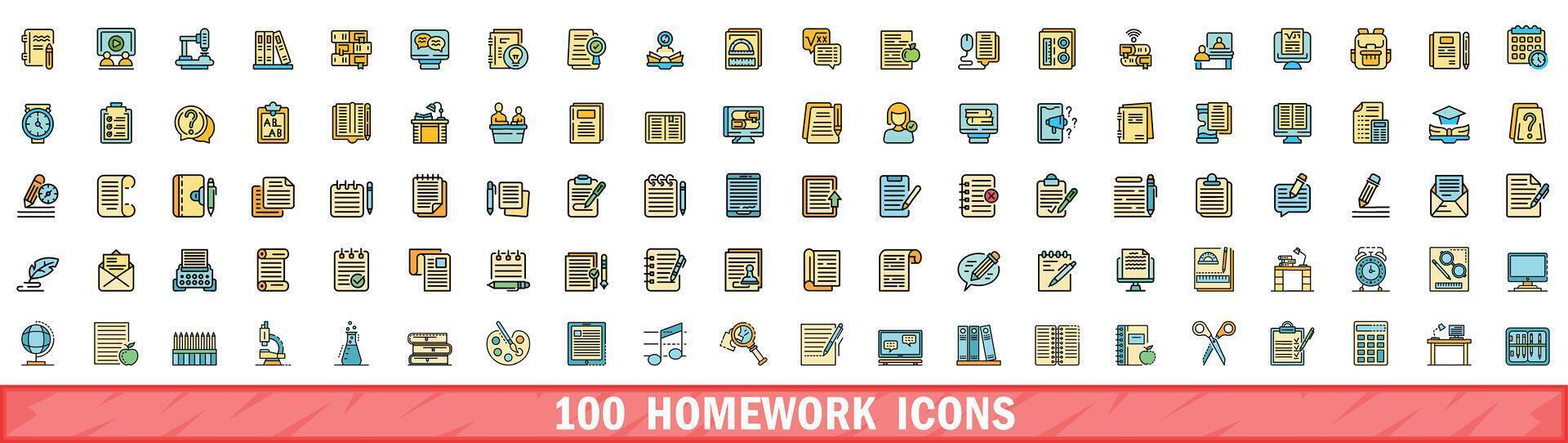 100 homework icons set, color line style vector