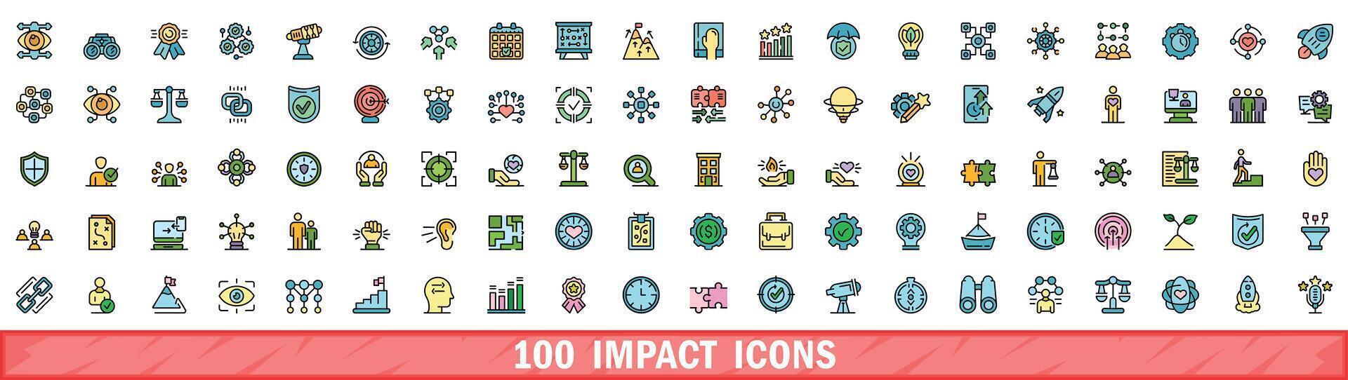 100 impact icons set, color line style vector