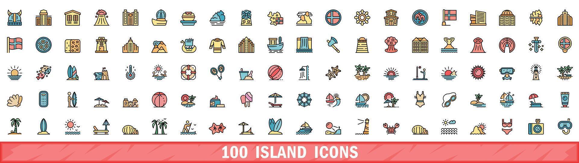 100 island icons set, color line style vector