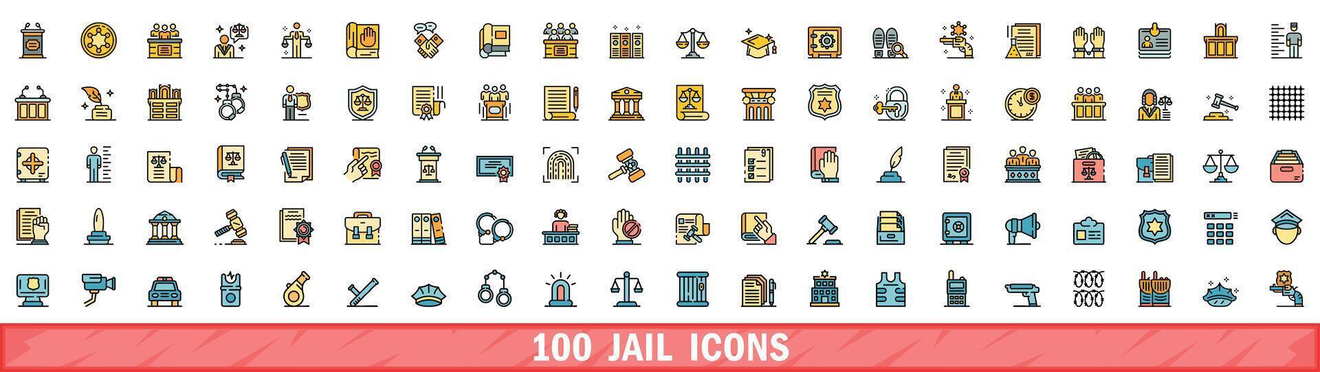 100 jail icons set, color line style vector