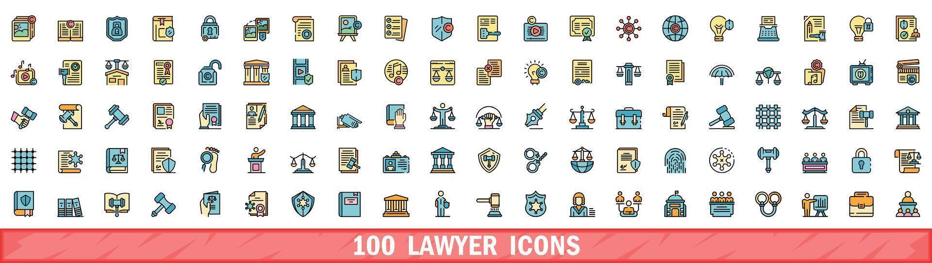 100 lawyer icons set, color line style vector