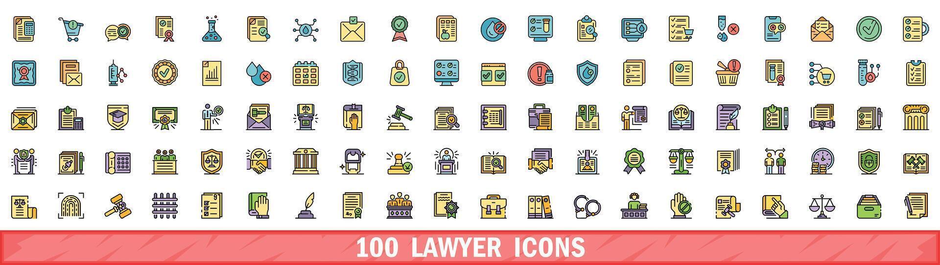 100 lawyer icons set, color line style vector