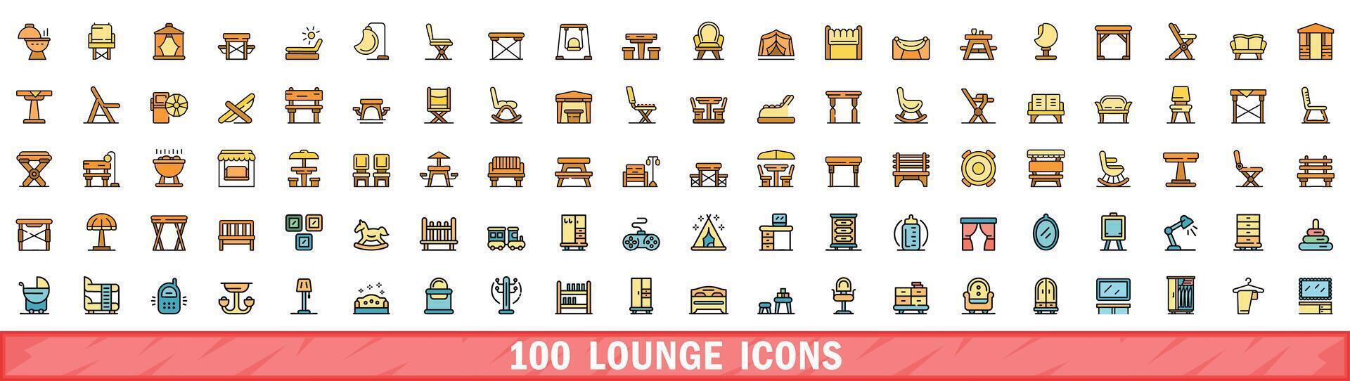 100 lounge icons set, color line style vector