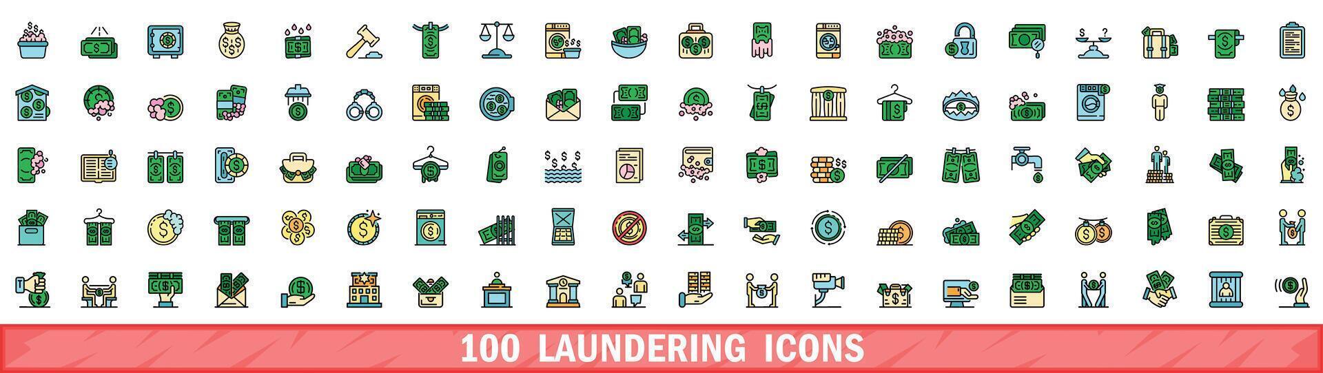 100 laundering icons set, color line style vector