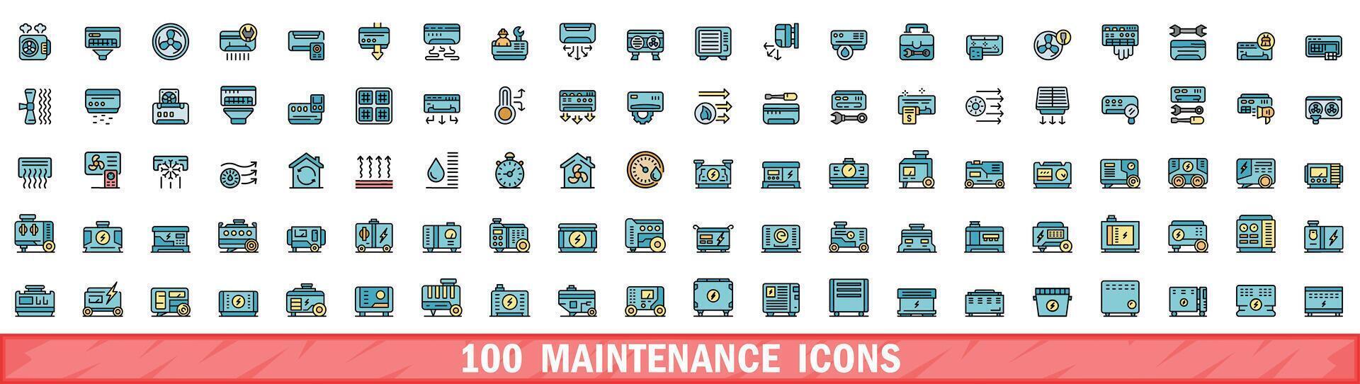 100 maintenance icons set, color line style vector