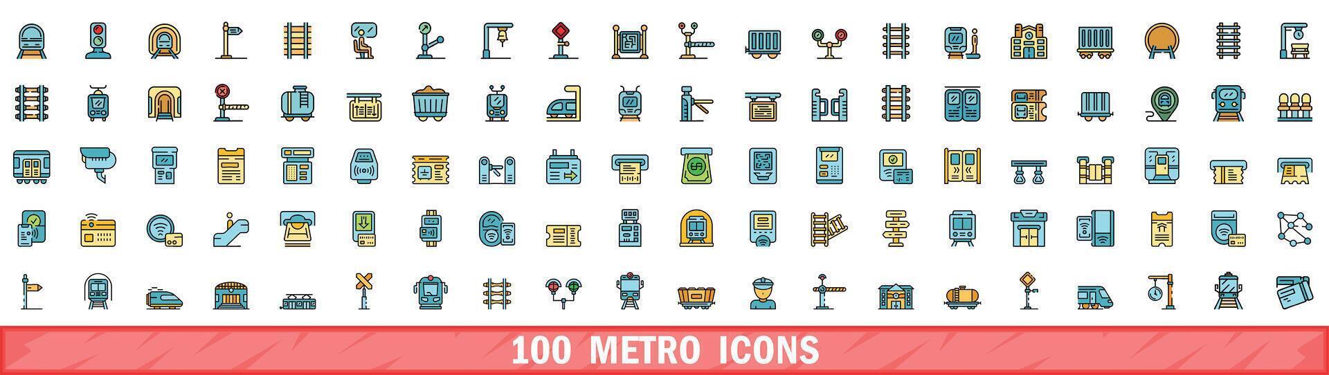 100 metro icons set, color line style vector