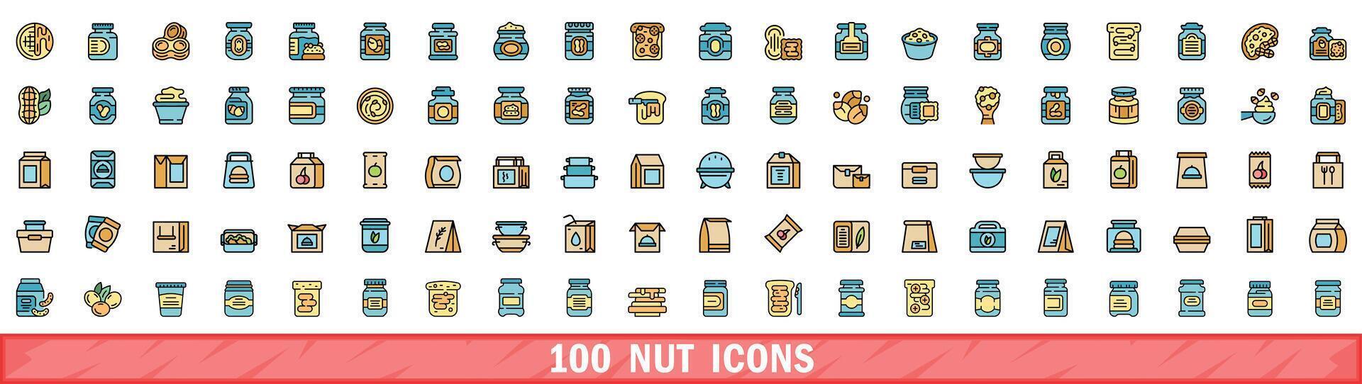 100 nut icons set, color line style vector