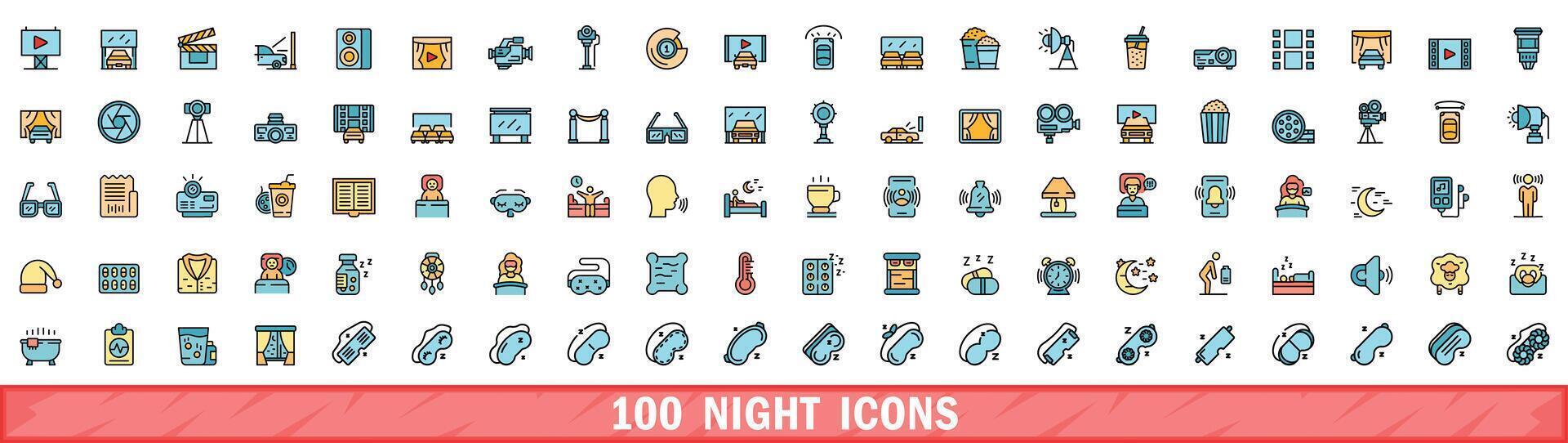 100 night icons set, color line style vector