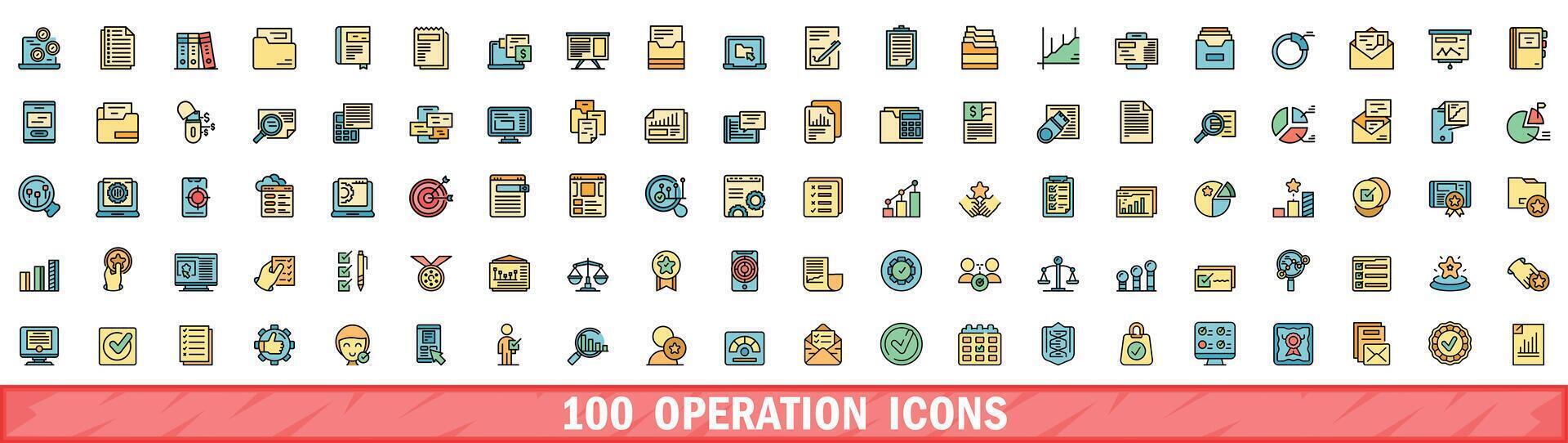 100 operation icons set, color line style vector