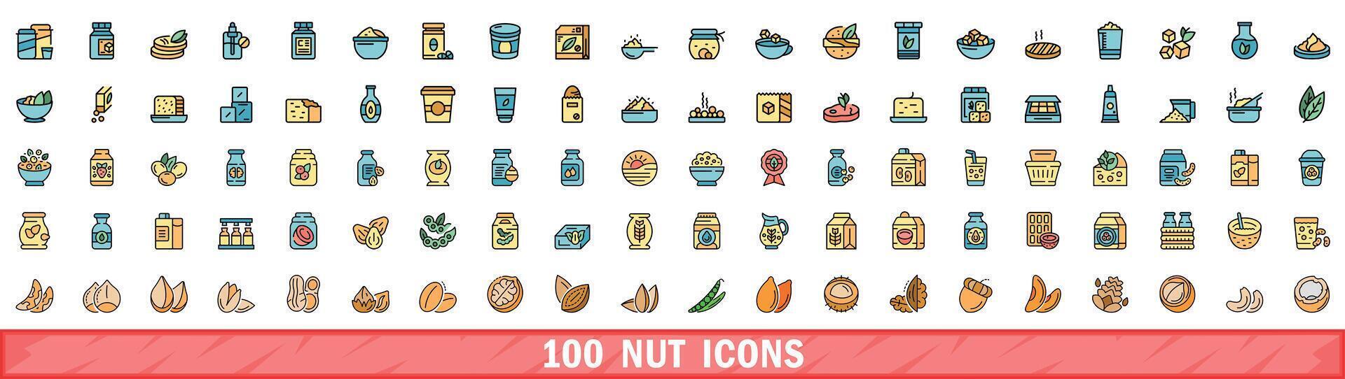 100 nut icons set, color line style vector