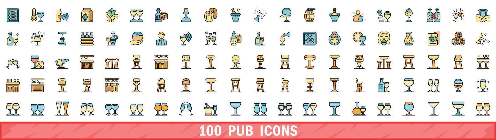 100 pub icons set, color line style vector