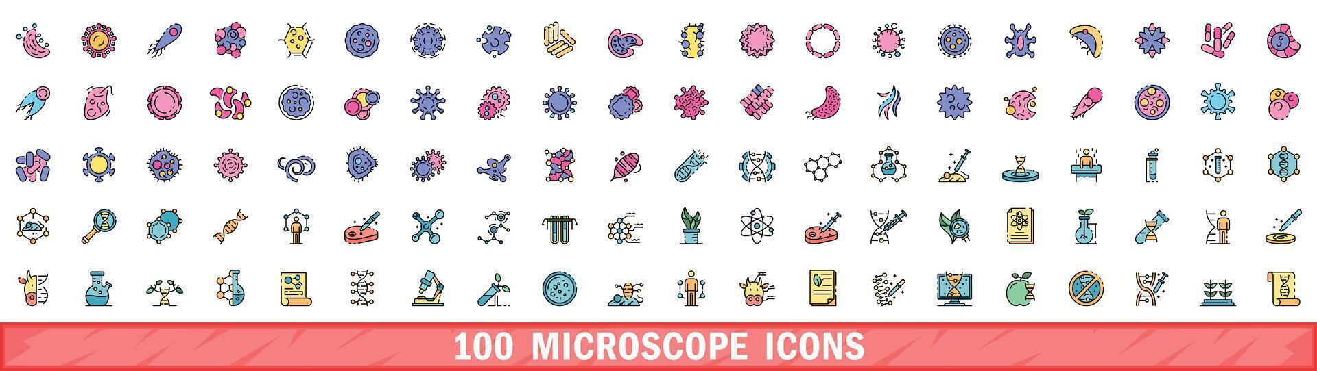 100 microscope icons set, color line style vector