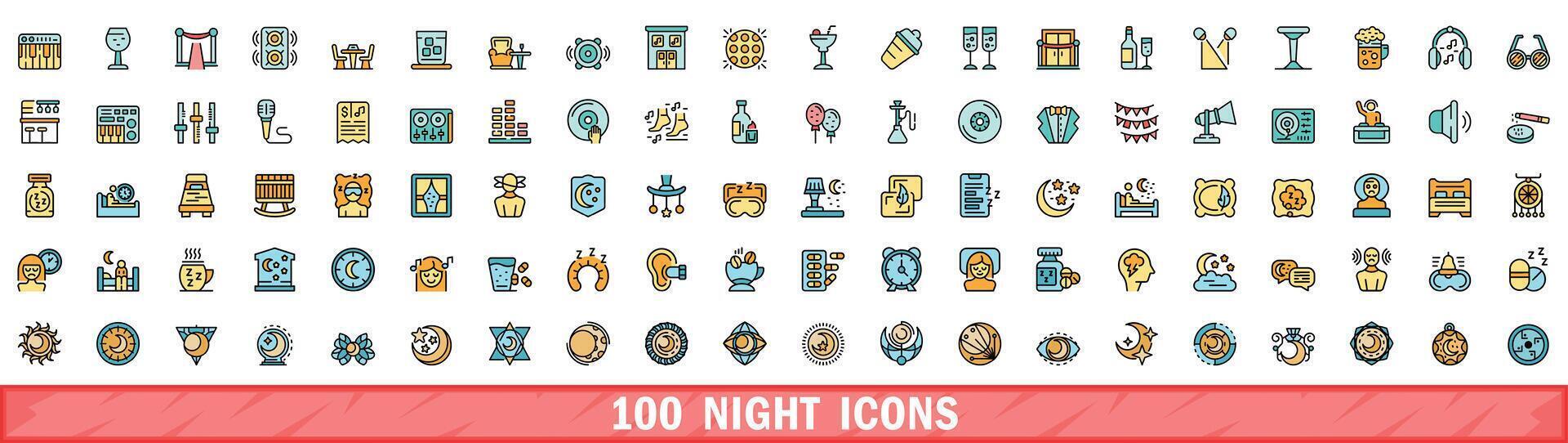 100 night icons set, color line style vector