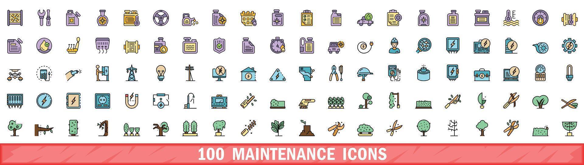 100 maintenance icons set, color line style vector