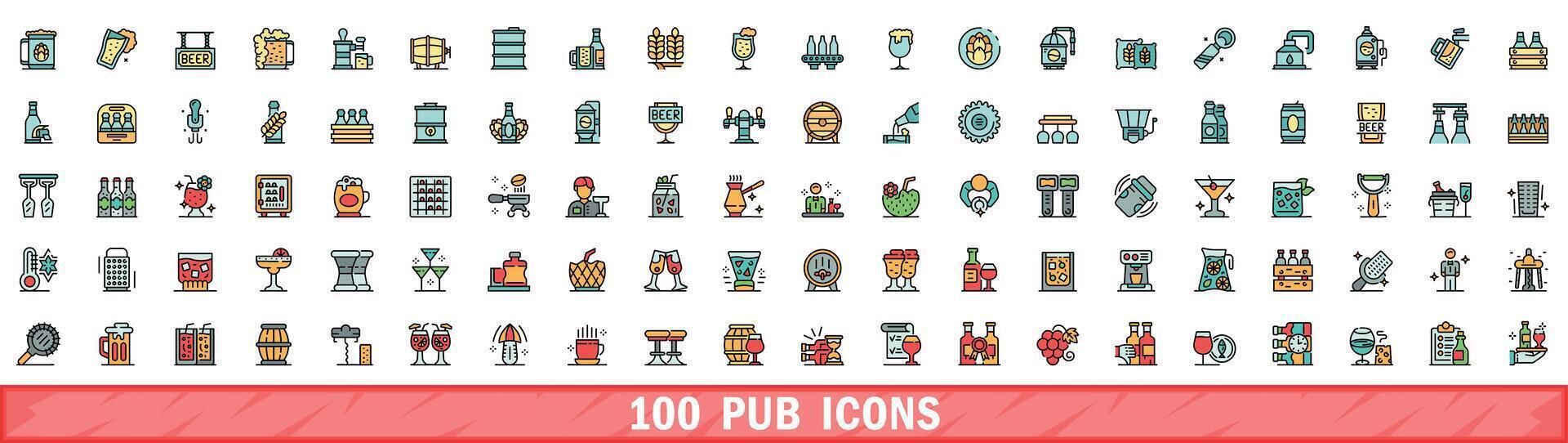 100 pub icons set, color line style vector