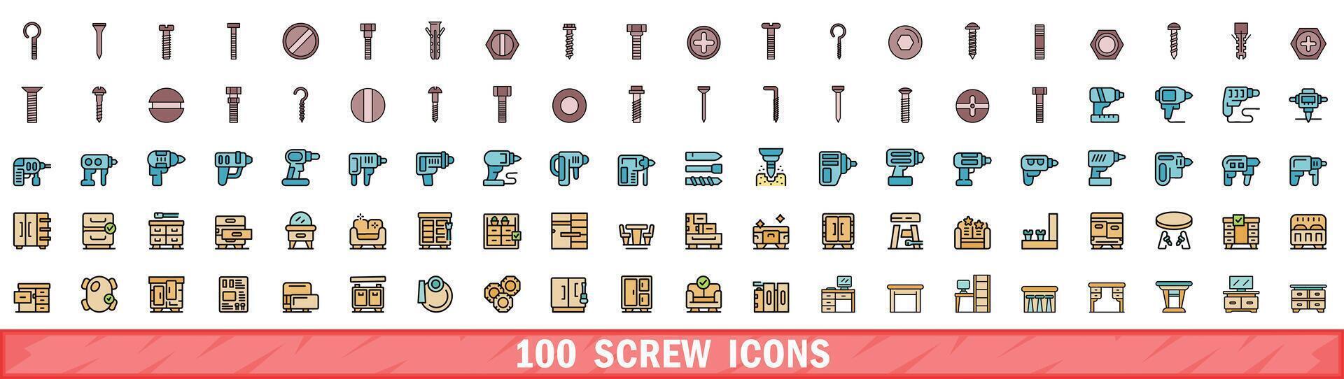 100 screw icons set, color line style vector