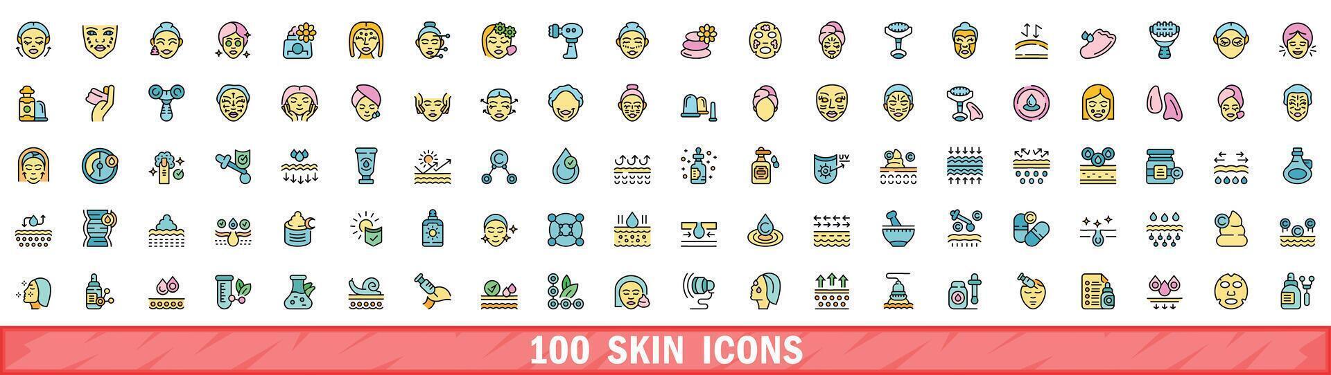 100 skin icons set, color line style vector