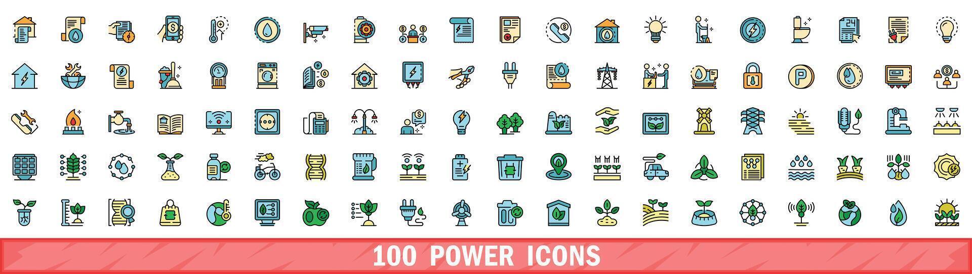 100 power icons set, color line style vector