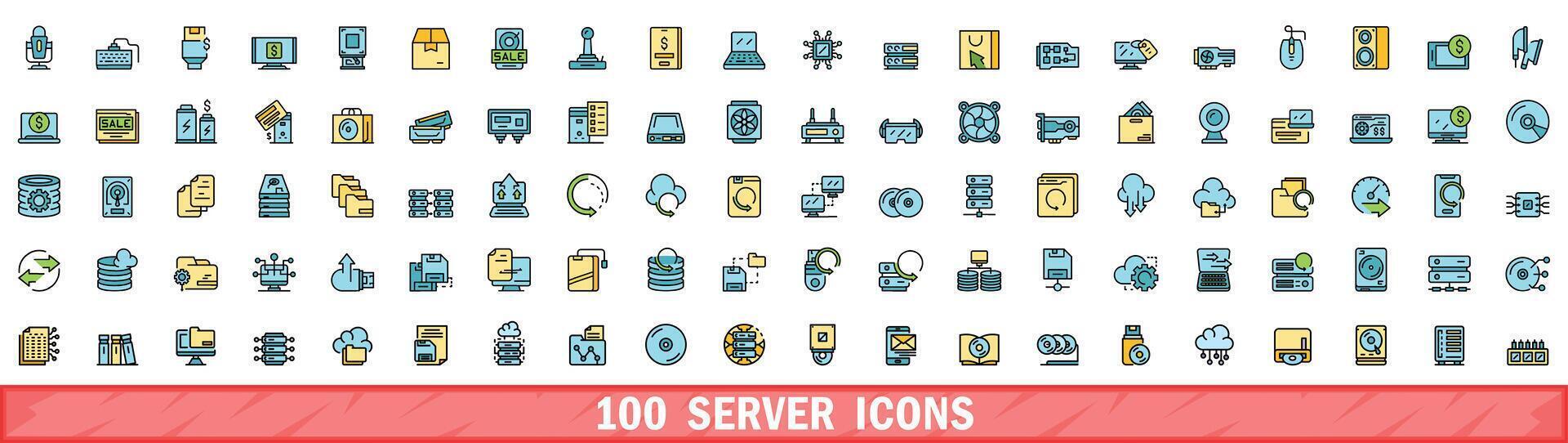 100 server icons set, color line style vector