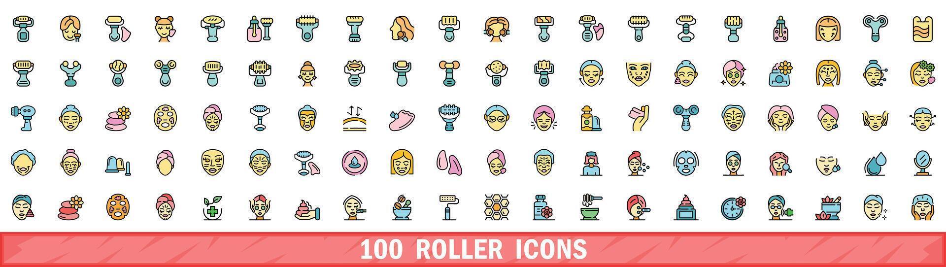 100 roller icons set, color line style vector