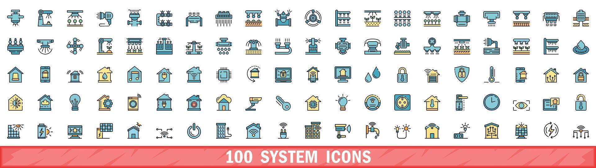 100 system icons set, color line style vector