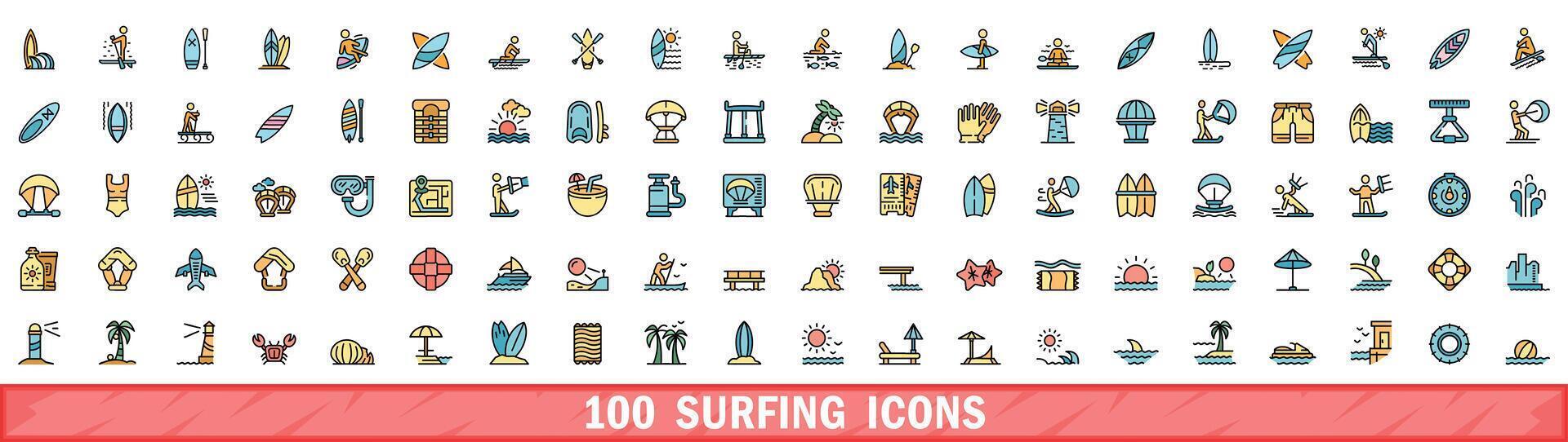 100 surfing icons set, color line style vector