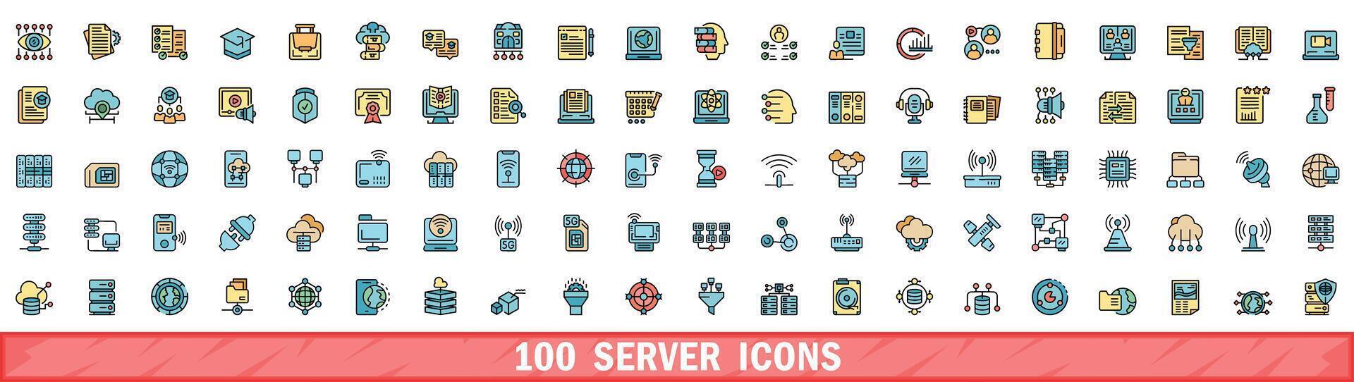 100 server icons set, color line style vector
